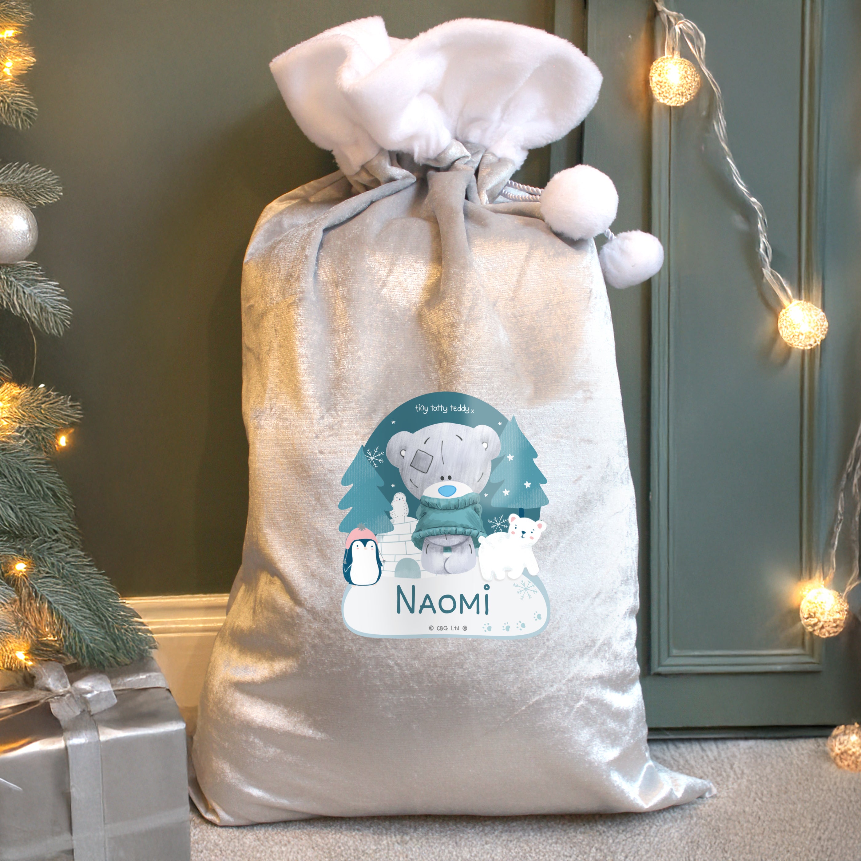Personalised Winter Explorer Tiny Tatty Teddy Luxury Silver Grey Pom Pom Sack