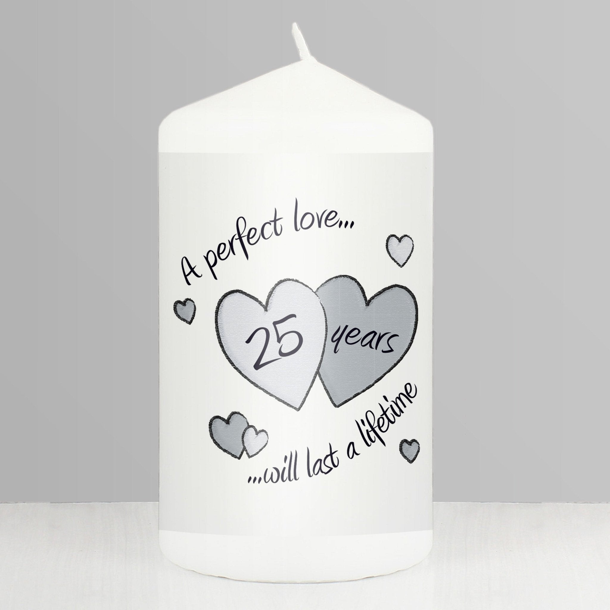 Perfect Love Silver Anniversary Pillar Candle - Maker Mark Personalised Gifts