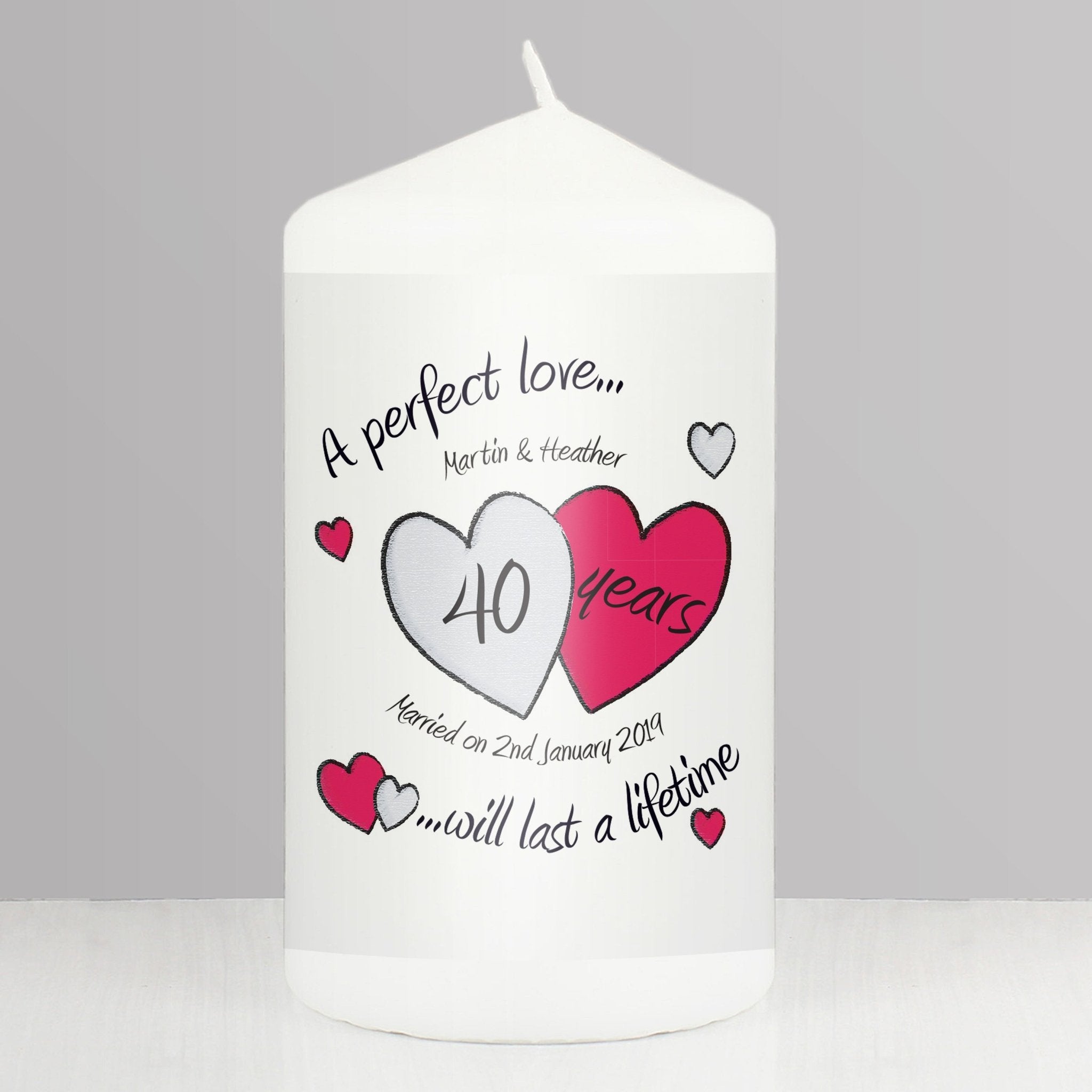 Personalised A Perfect Love Ruby Anniversary Pillar Candle - Maker Mark Personalised Gifts
