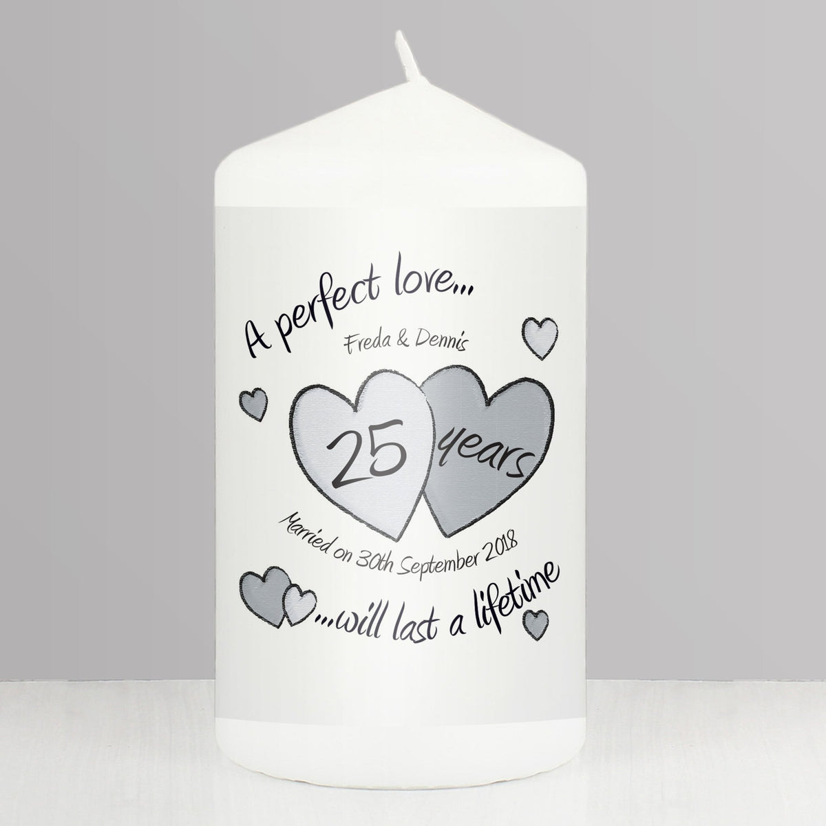 Personalised A Perfect Love Silver Anniversary Pillar Candle - Maker Mark Personalised Gifts
