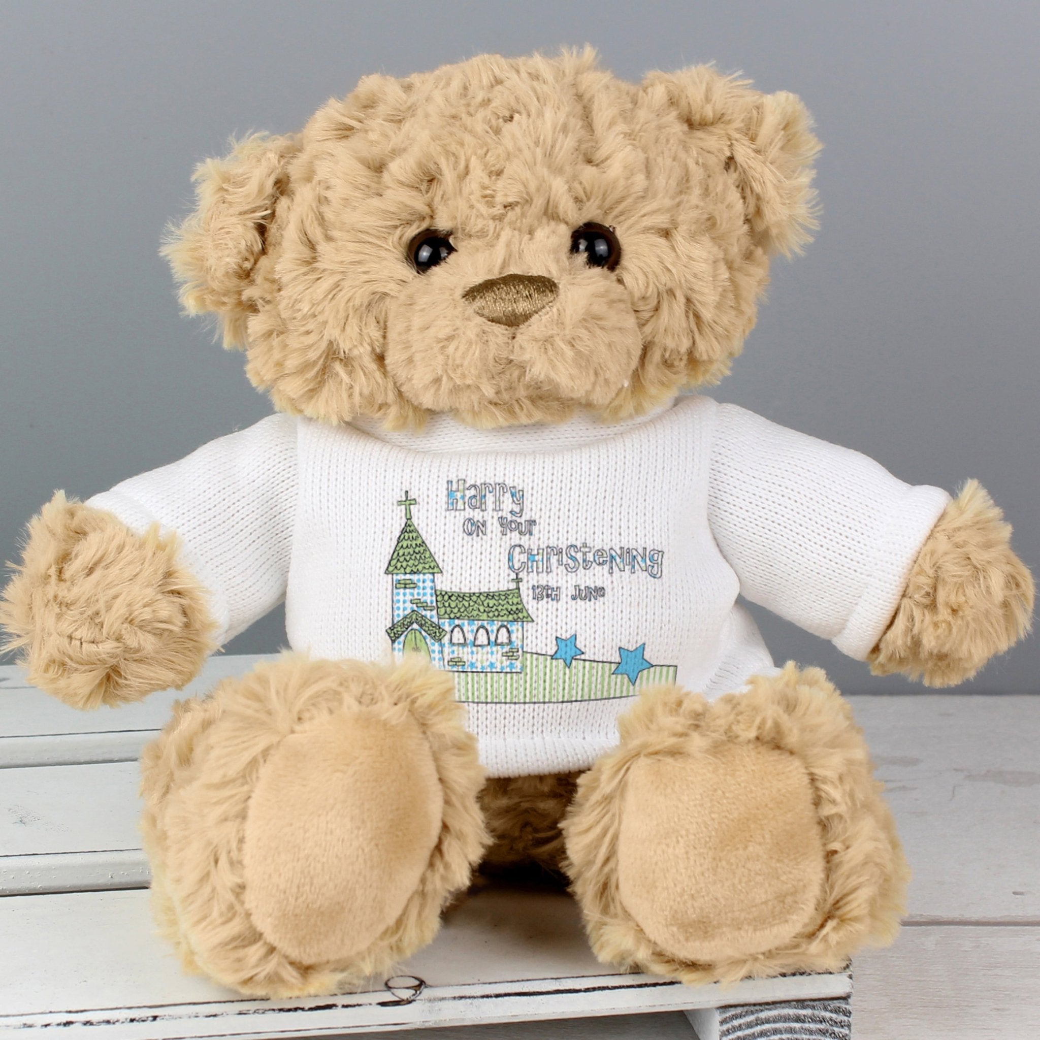 Personalised Blue Church Message Teddy Bear - Maker Mark Personalised Gifts