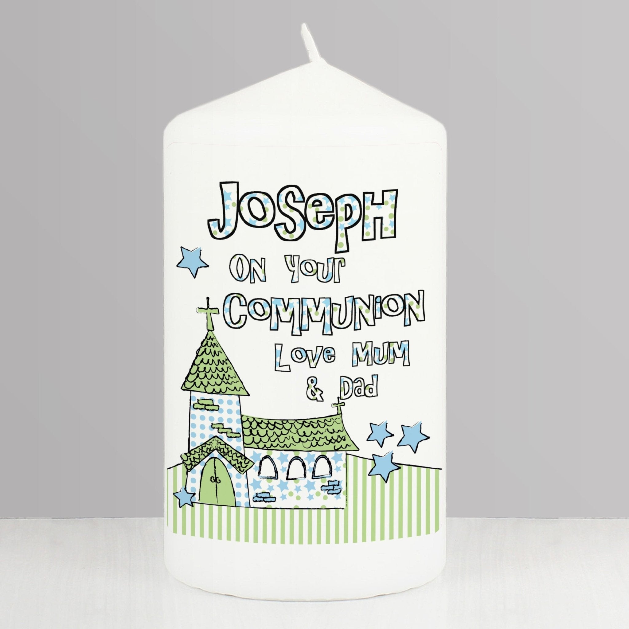 Personalised Blue Church Pillar Candle - Maker Mark Personalised Gifts