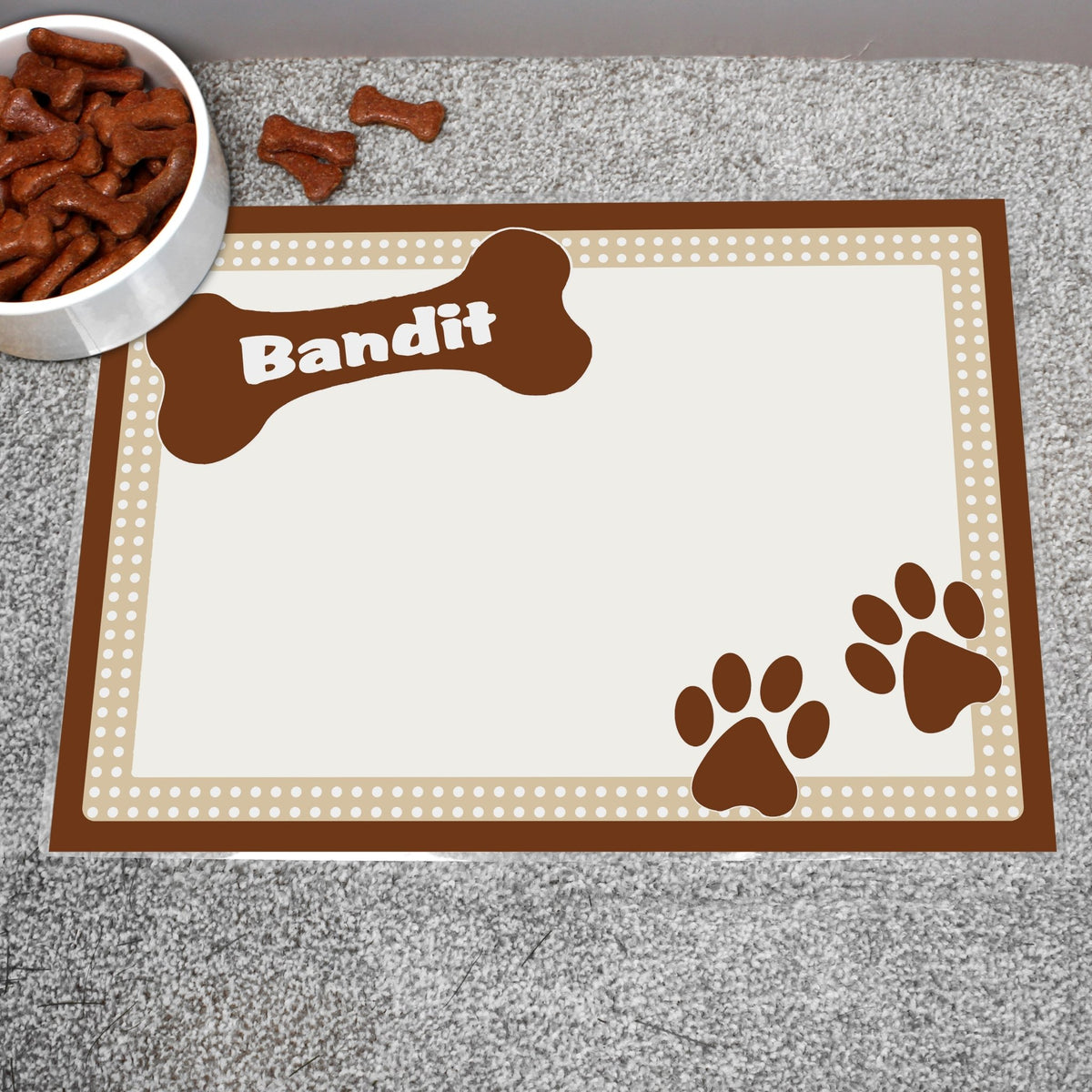 Personalised Brown Dotty Dog Pet Bowl Mat - Maker Mark Personalised Gifts