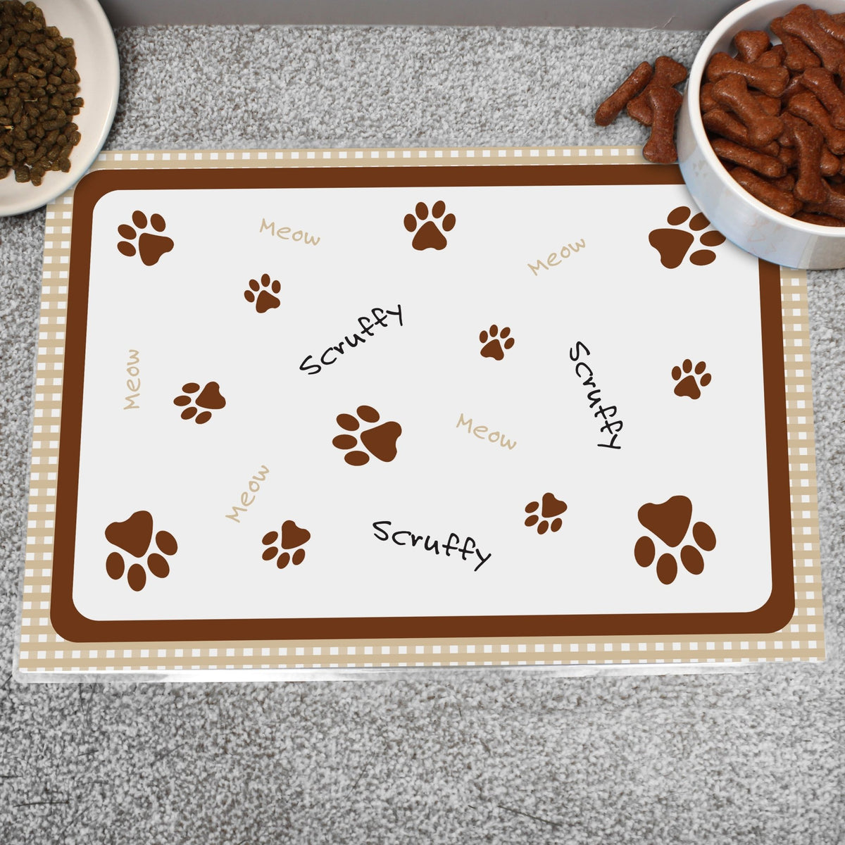 Personalised Brown Gingham Cat Pet Bowl Mat - Maker Mark Personalised Gifts
