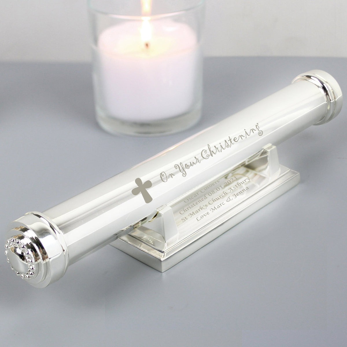 Personalised Christening Cross Silver Plated Certificate Holder - Maker Mark Personalised Gifts