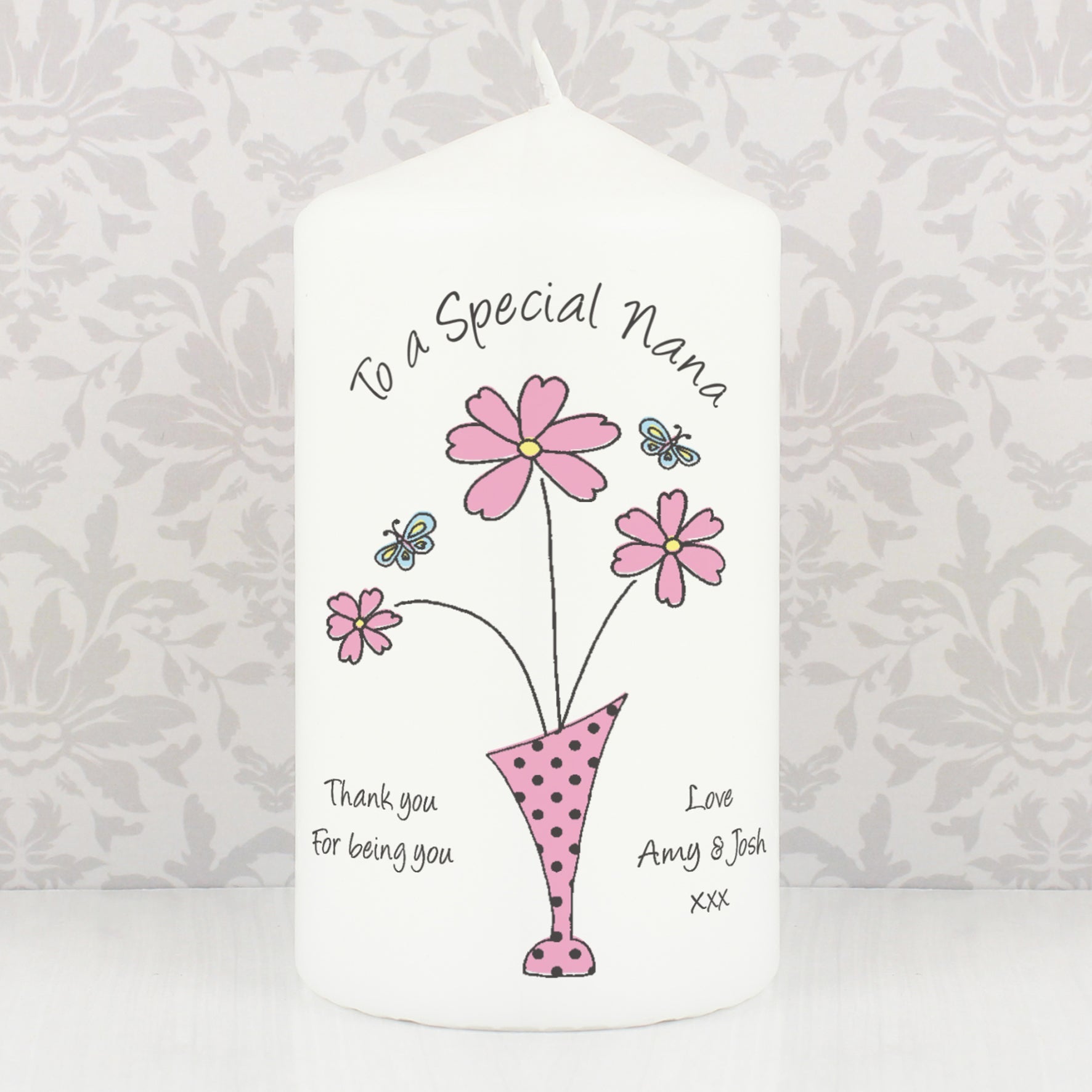 Personalised Flower in Vase Message Pillar Candle - Maker Mark Personalised Gifts