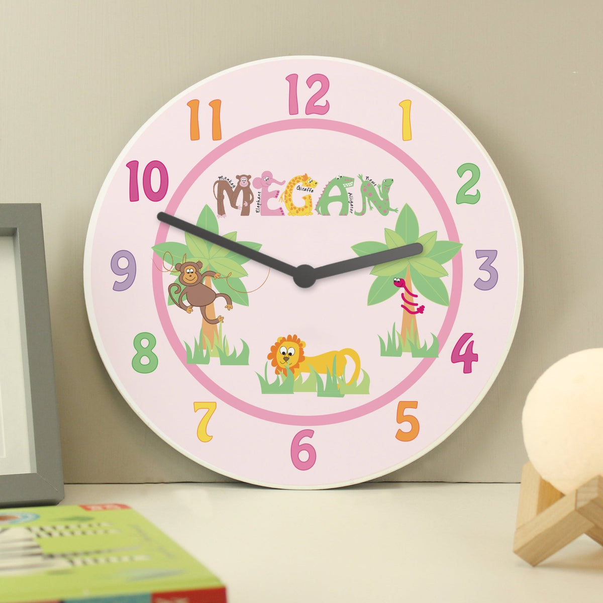 Personalised Pink Animal Alphabet Clock - Maker Mark Personalised Gifts