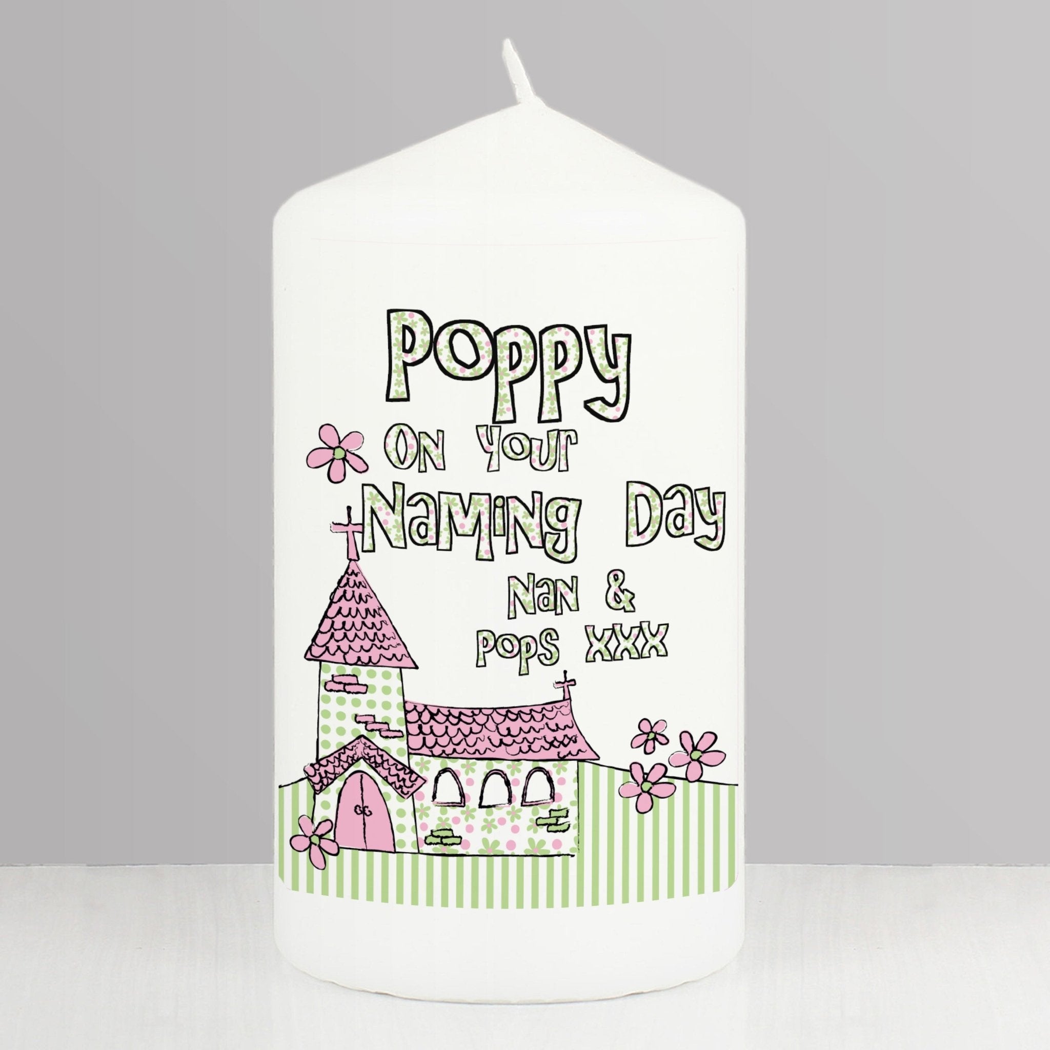 Personalised Pink Church Pillar Candle - Maker Mark Personalised Gifts