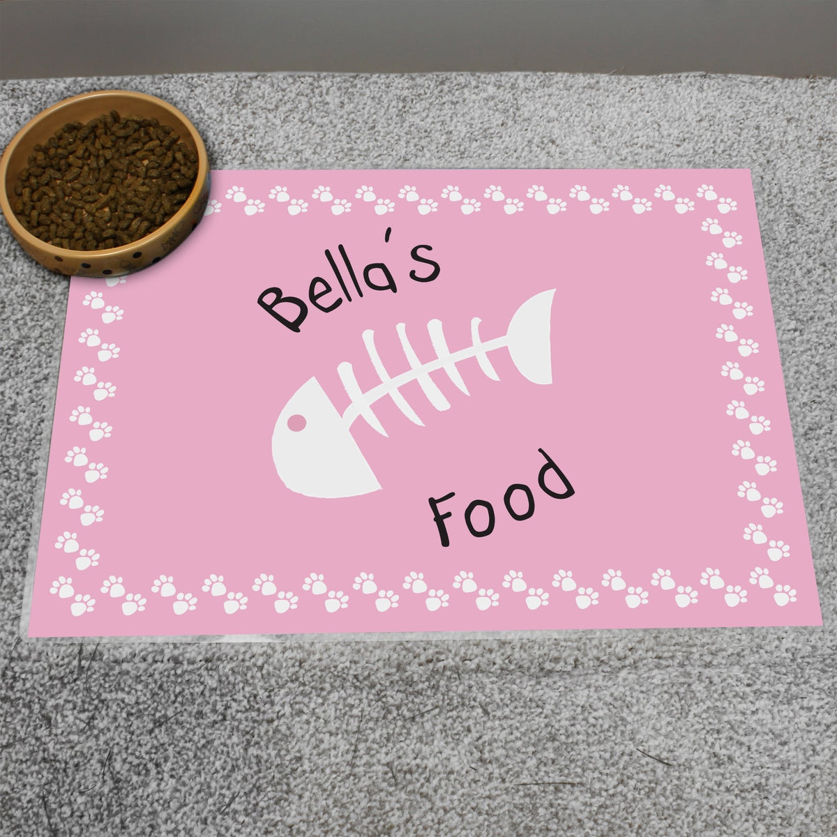 Personalised Pink Fish Bone Cat Pet Bowl Mat - Maker Mark Personalised Gifts