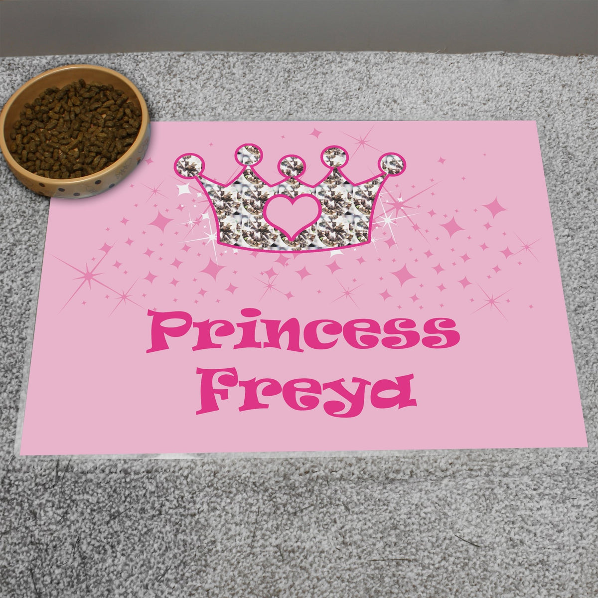 Personalised Pink Princess Pet Bowl Mat - Maker Mark Personalised Gifts